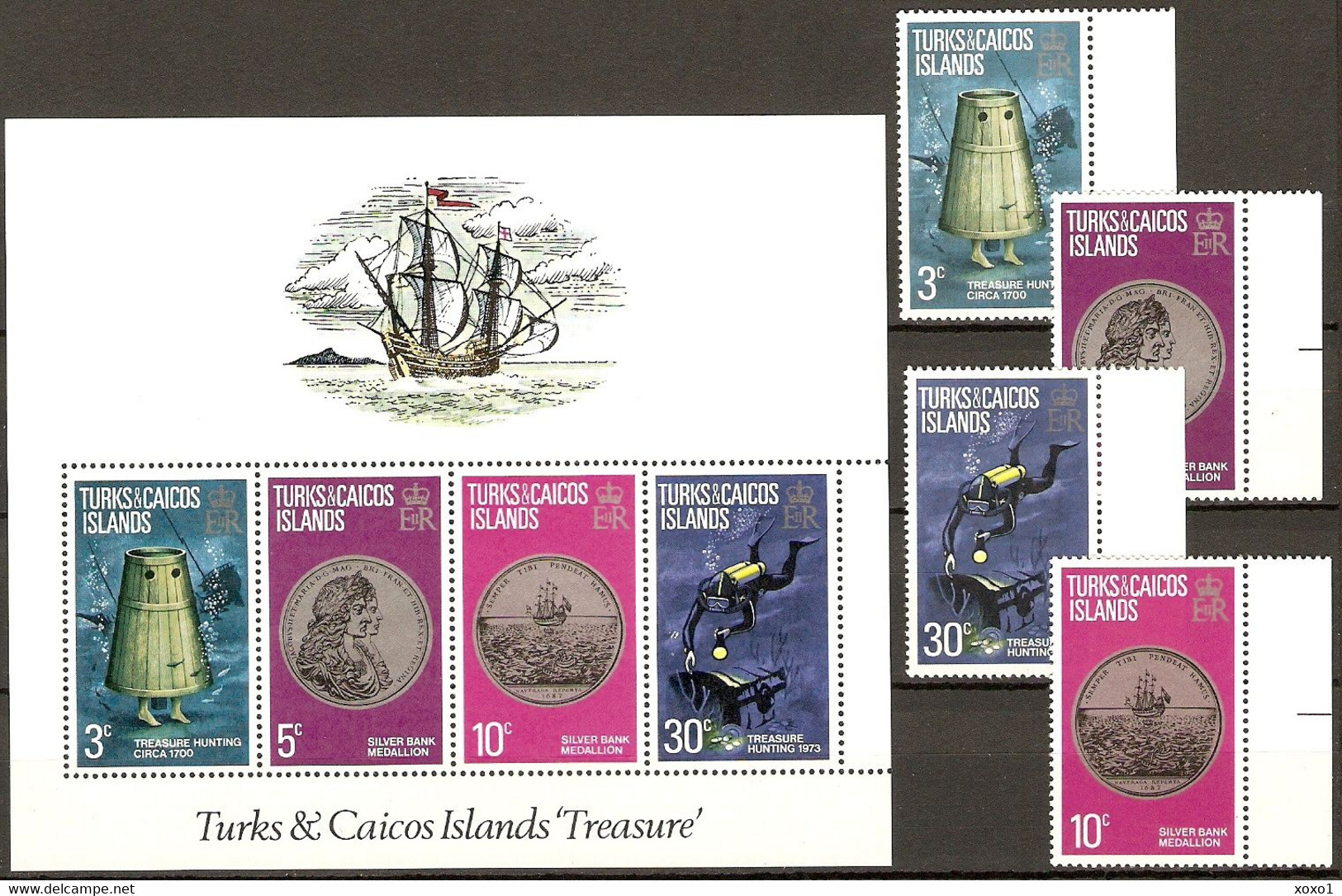 Turks & Caicos 1973 MiNr. 301 - 304 (Block 1) Sea Treasure Hunt Diving Coins 4v + S\sh MNH ** 4,70 € - Plongée