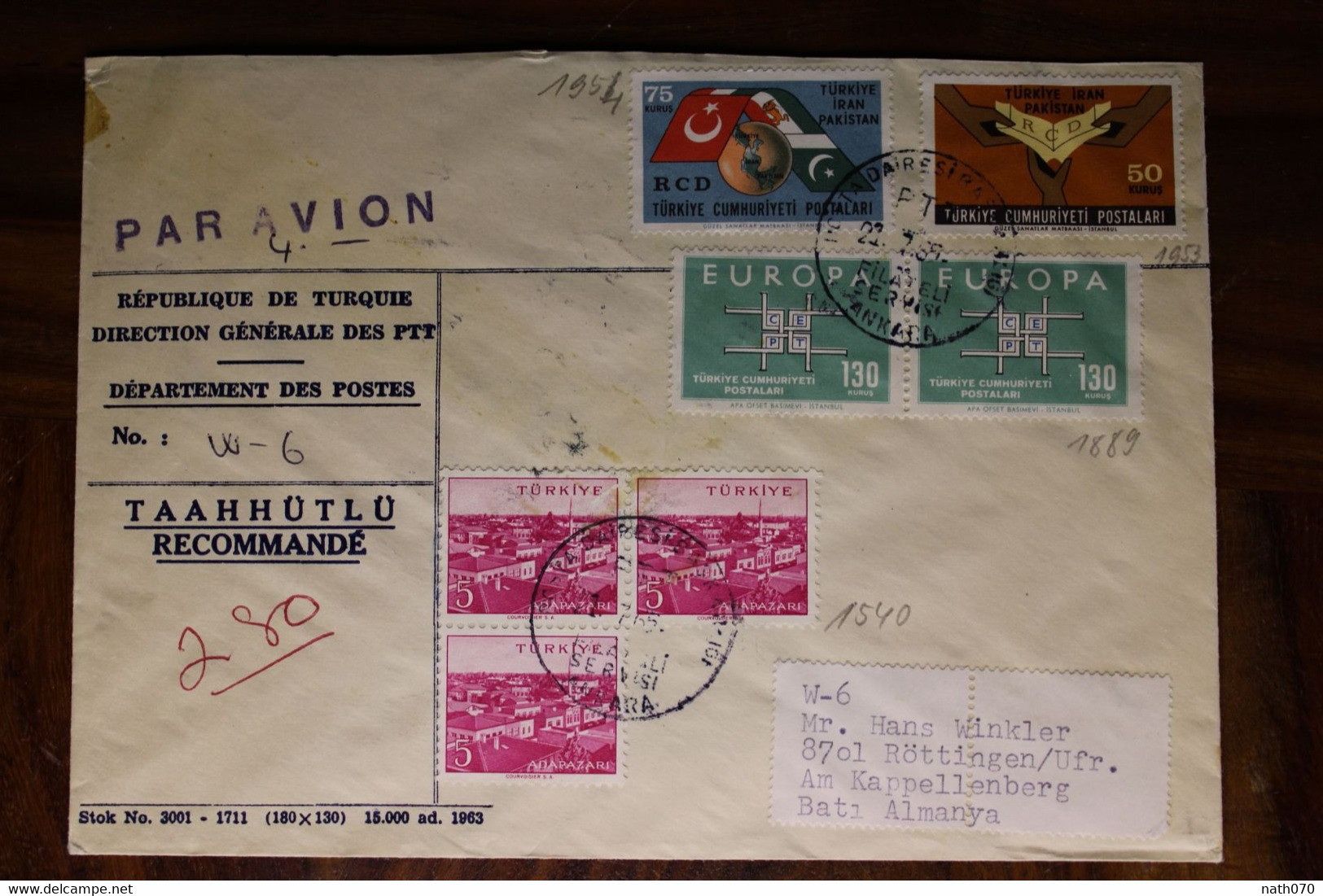 1965 Turquie Türkei Air Mail Cover Enveloppe Recommandé Par Avion Allemagne Turkiye - Covers & Documents