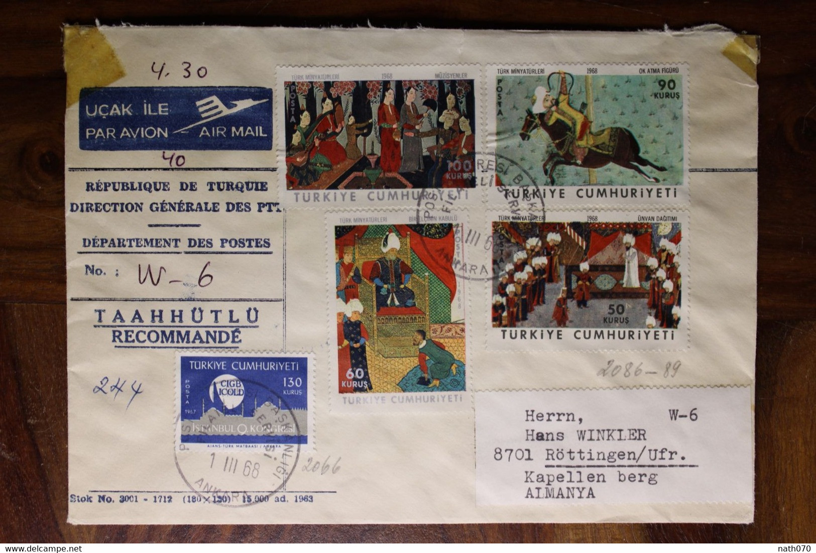 Turquie 1968 Türkei Air Mail Cover Enveloppe Recommandé Par Avion Allemagne Turkiye - Covers & Documents