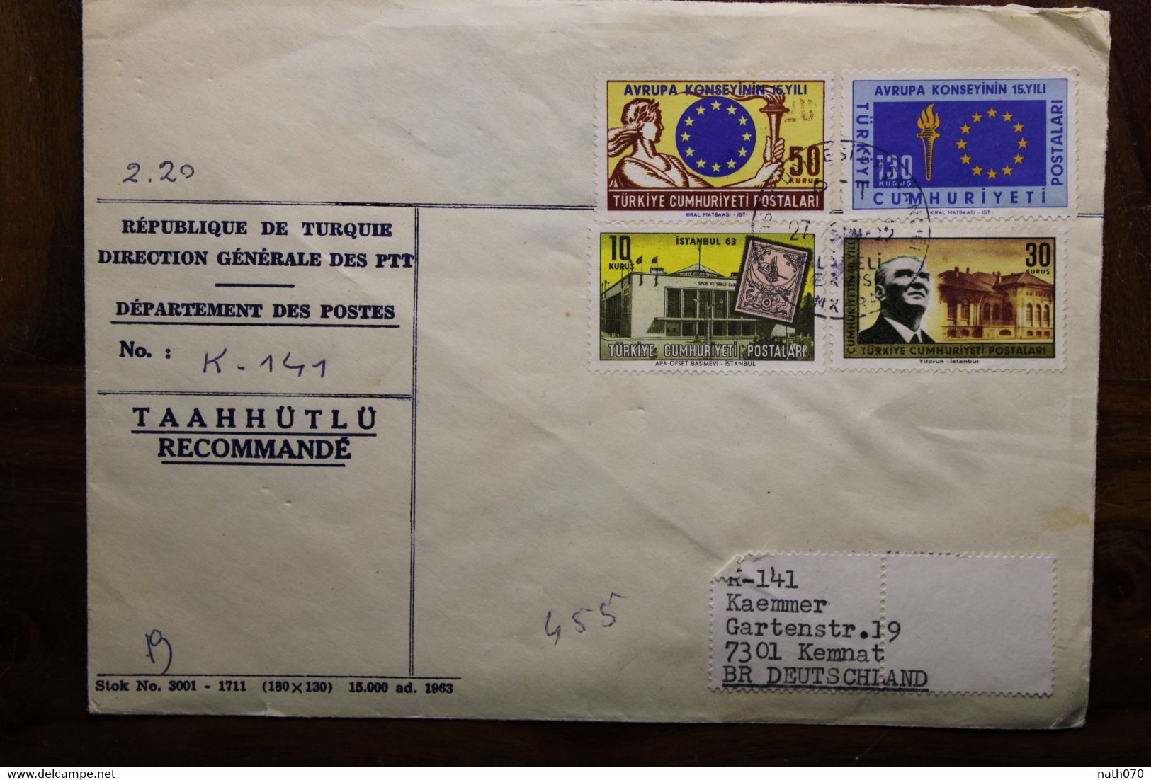 1963 Turquie Türkei Air Mail Cover Enveloppe Recommandé Par Avion Allemagne Europa - Covers & Documents