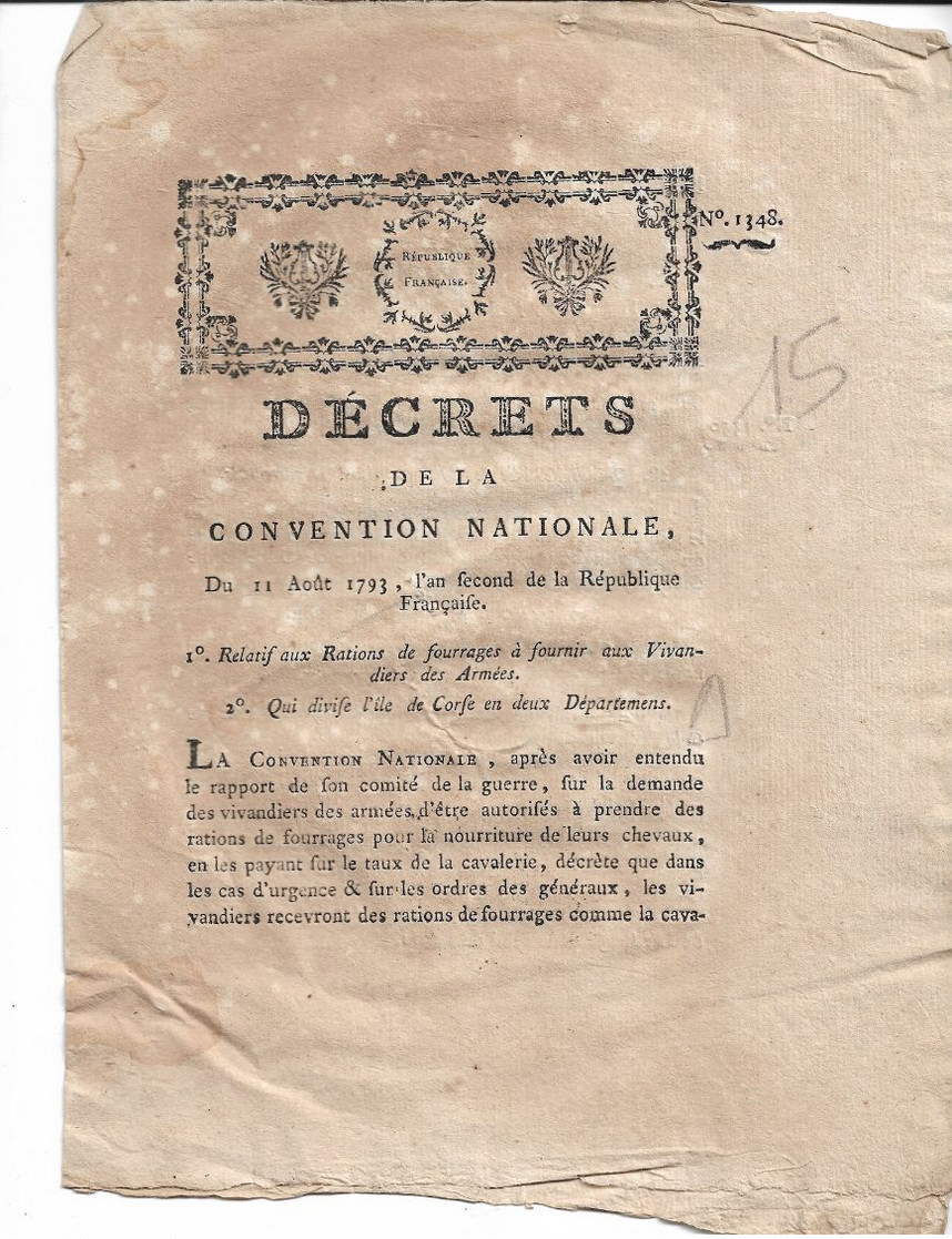 Décrets De La Convention Nationale 1793 Qui Divise La CORSE En Deux Départements.4 P S Dalbarade - Décrets & Lois