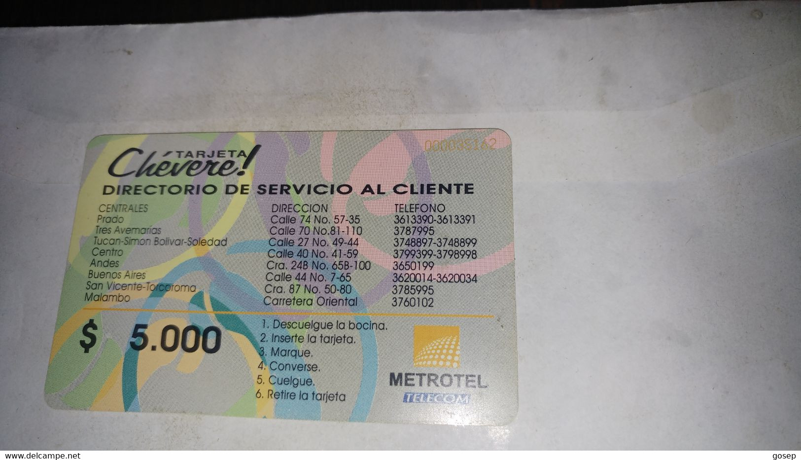 Colombia-cheveie-motrotel-(18)-($5.000)-(000035162)+used Card Chip+1card Prepiad Free - Colombia