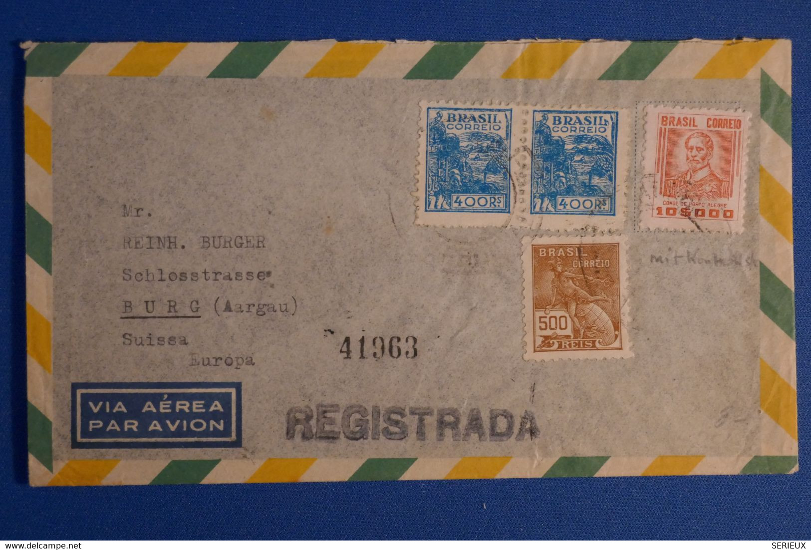 K25 BRESIL BELLE LETTRE RARE 1947 PAR AVION POUR BURG SUISSE + PAIRE T.P + AFFRANCH SUBTIL - Briefe U. Dokumente