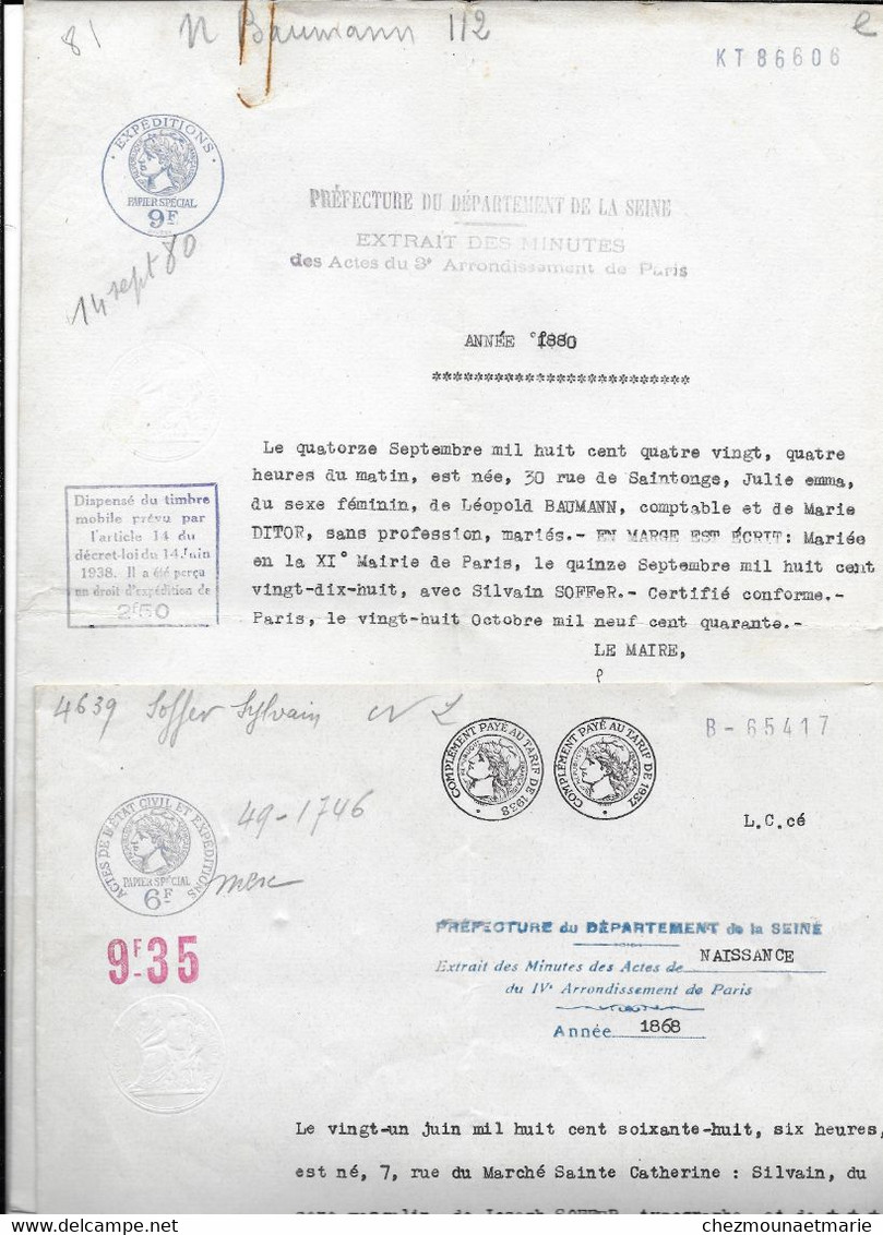 1938 1940 PARIS - NOMS SOFFER CAHEN BAUMANN DITOR EXTRAITS NAISSANCE 1868 1880 - Documents Historiques