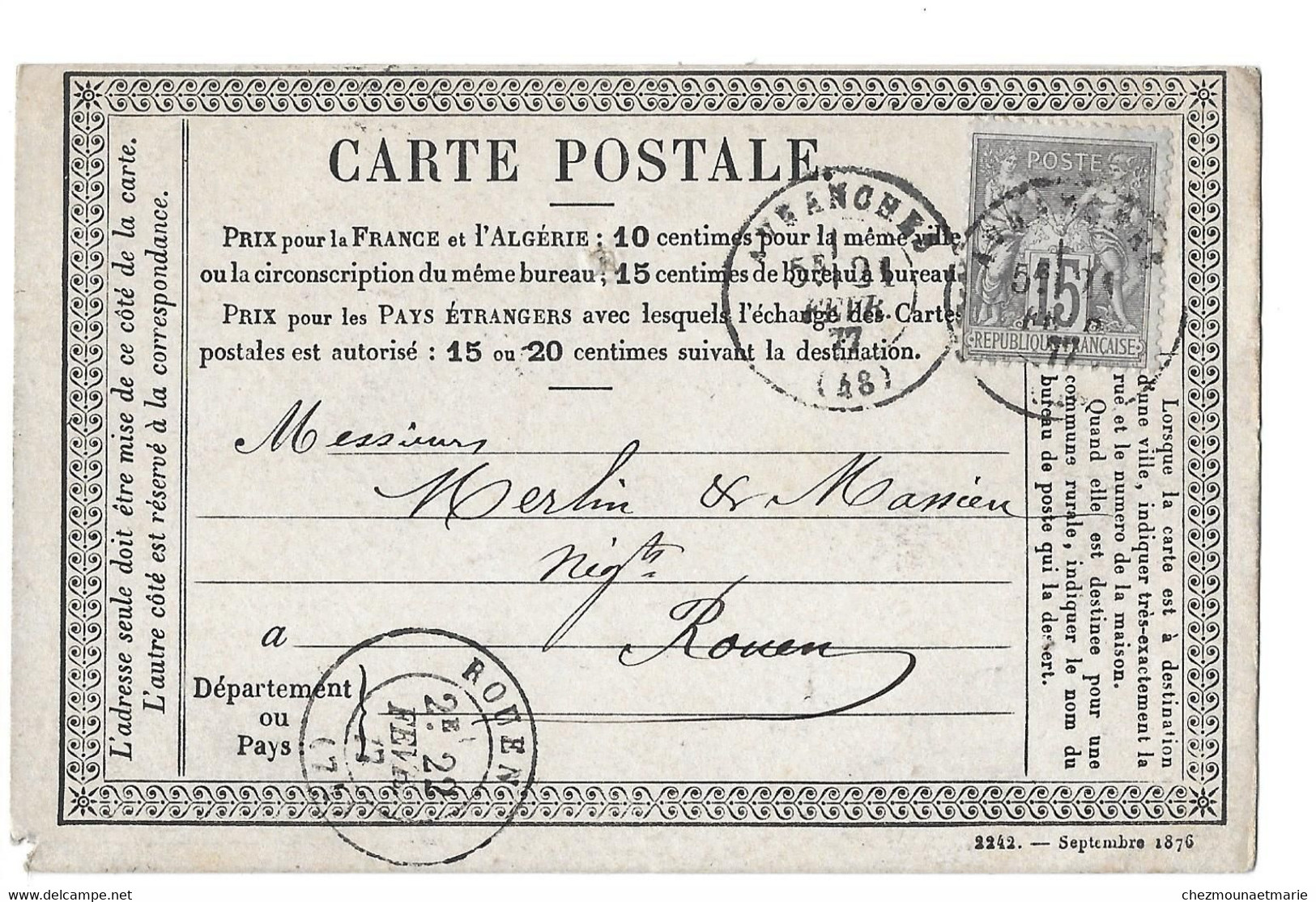 1877 AVRANCHES - POUR MERLIN NEGOCIANT A ROUEN - CARTE POSTALE TYPE SAGE - 1876-1878 Sage (Type I)