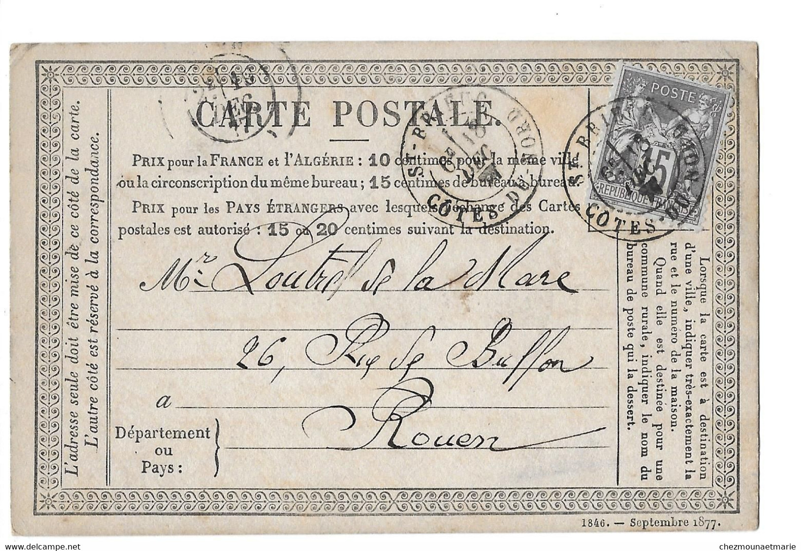 1877 SAINT BRIEUC - POUR LOUTREL DE LA MARE RUE BUFFON A ROUEN - CARTE POSTALE TYPE SAGE - 1876-1878 Sage (Tipo I)