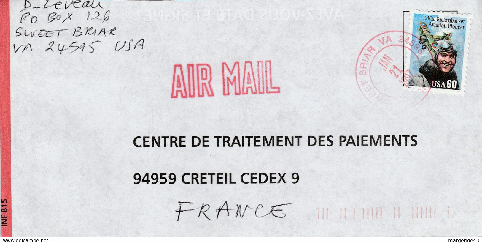 USA ETATS UNIS SEUL SUR LETTRE POUR LA FRANCE 1997 - Cartas & Documentos
