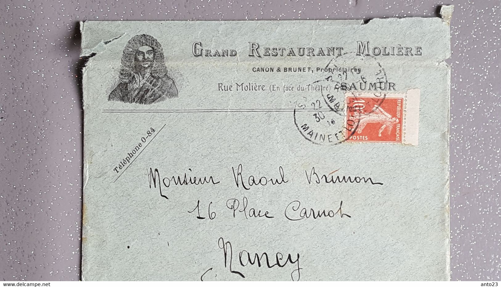Semeuse Sur Lettre  A Entête Commercial  "grand Restaurant Molière " A Saumur France ( Usé ) - 1921-1960: Periodo Moderno