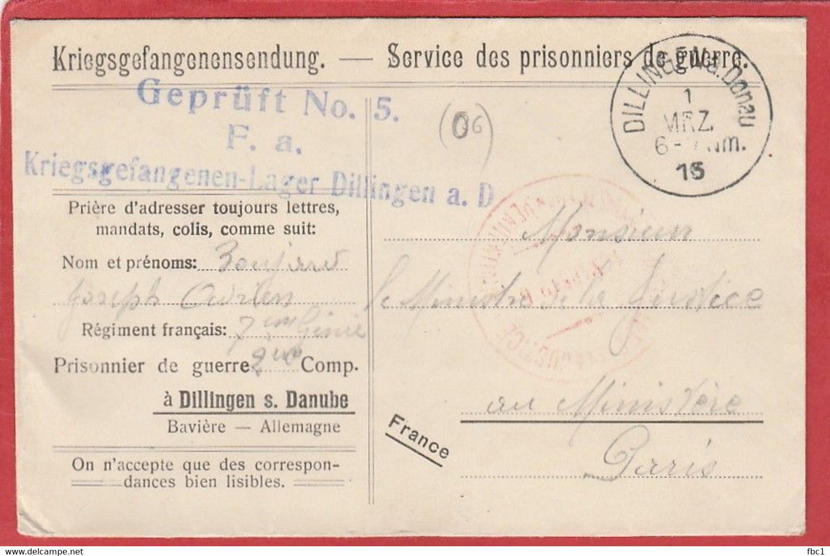 Lettre En FM Du Camp De Dillingen (Bavière) Vers Paris - Kriegsgefangenensendung - 1916 - Guerra De 1914-18