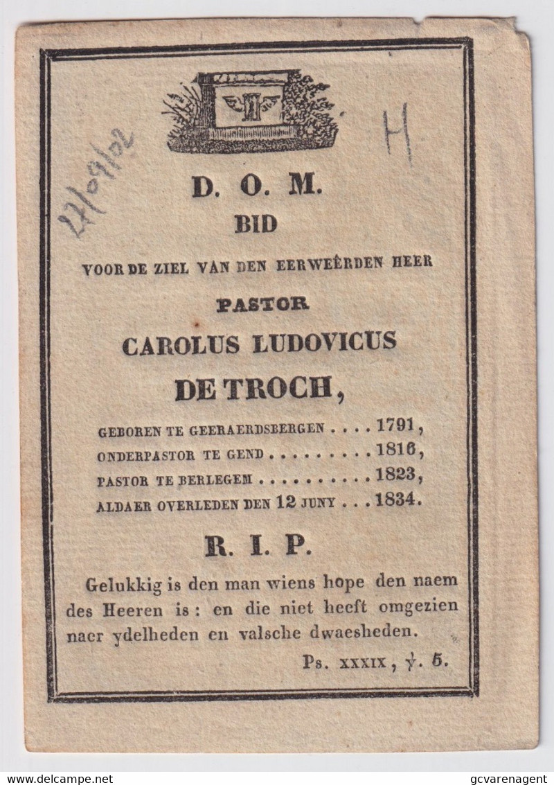 H.PRENTJE C.GALLE - PASTOOR BEERLEGEM  CAROLUS DE TROCH - GEERAERDSBERGEN 1791  1834  BEERLEGEM - Obituary Notices