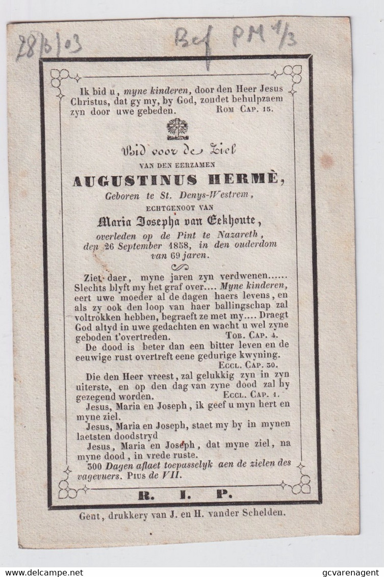 H.PRENTJE H.BONIFACIUS  BISSCHOP - AUGUSTINUS HERME  ST.DENIJS WESTREM - 1858OVERL. DE PINT TE NAZARETH  69 J  - 2 SCANS - Décès