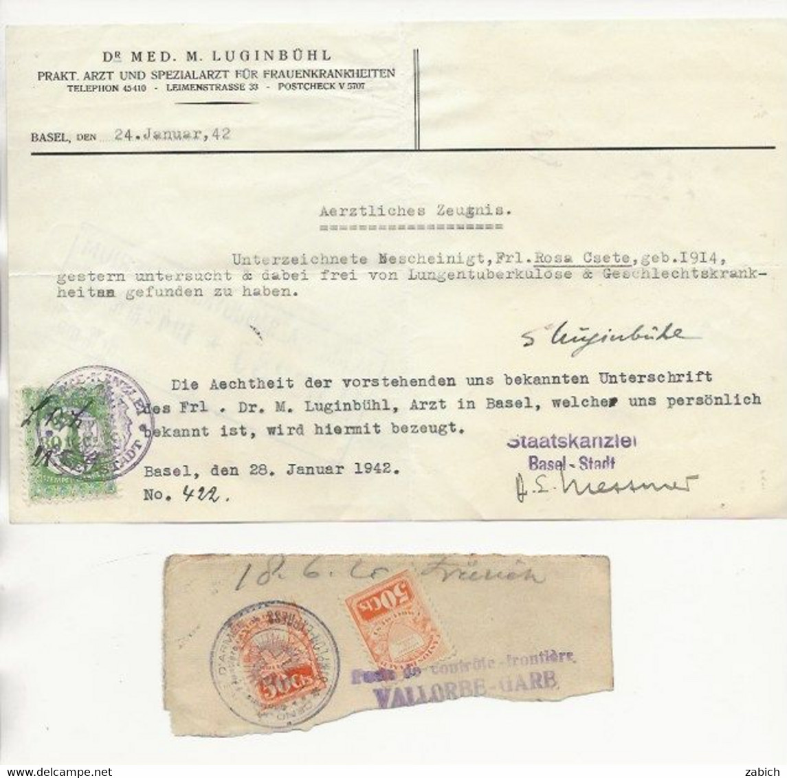 FISCAUX SUISSE CANTON DE BERN BASEL 30C Vert 1942 +CANTON DE VAUD 50 C Orange Sur Fragment - Revenue Stamps