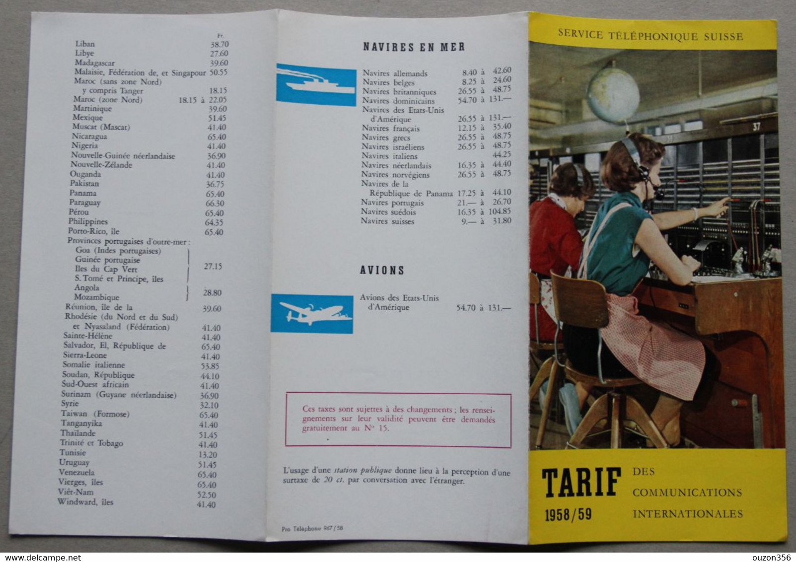 Service Téléphonique Suisse, Tarif Des Communications Internationales 1958-59 - Telephony