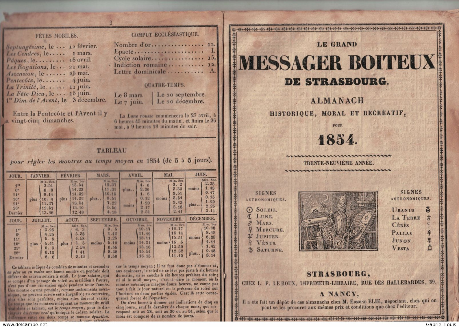 Le Grand Messager Boiteux De Strasbourg  1854 - Nancy - Les Papillons - Add-el-Kader - Dérangement Climatique - Almanach - Ohne Zuordnung