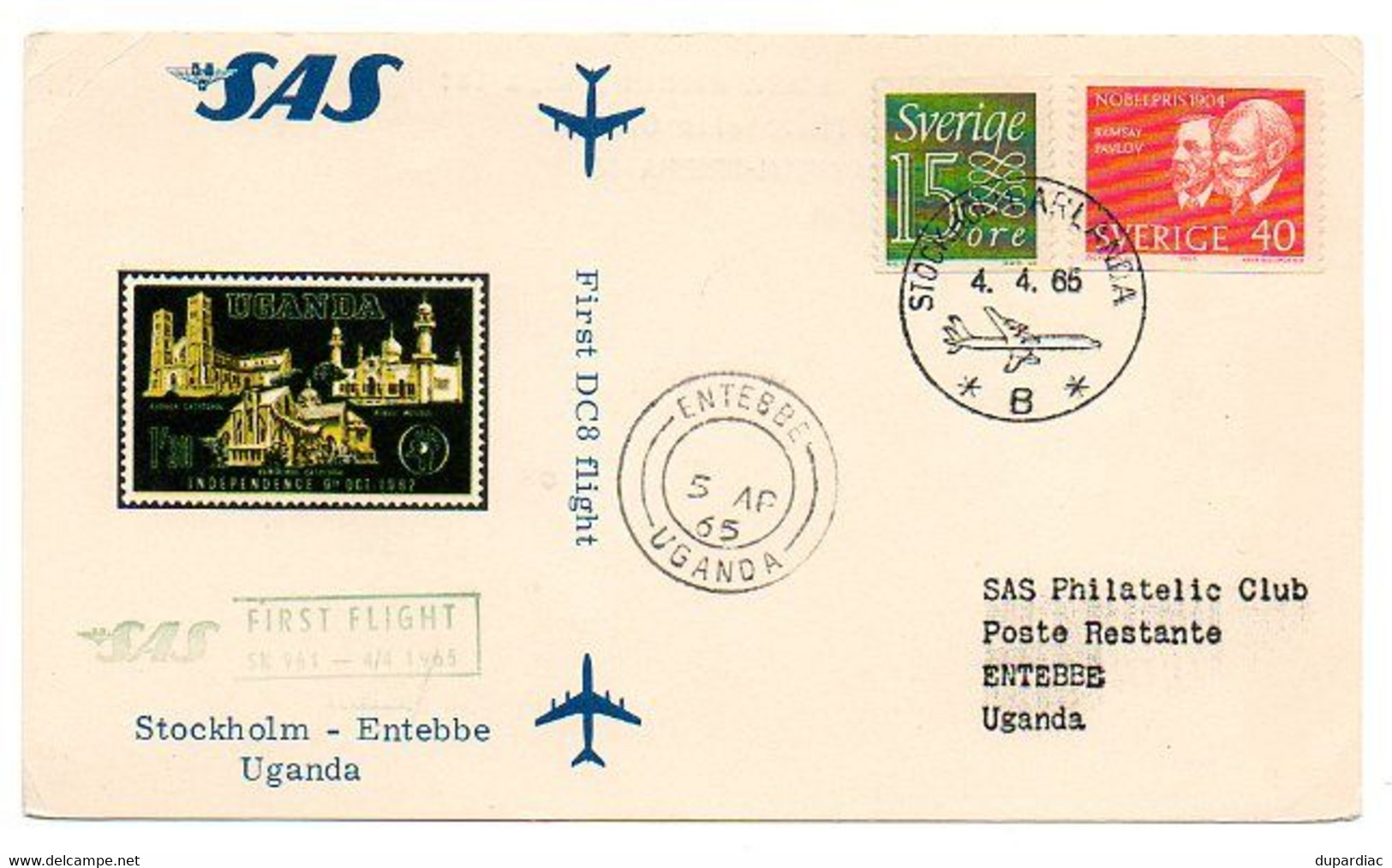 Suède / Marque Postale Aviation De 1965, SAS, First DC8  Flight, Pour ENTEBBE Uganda. - Autres & Non Classés