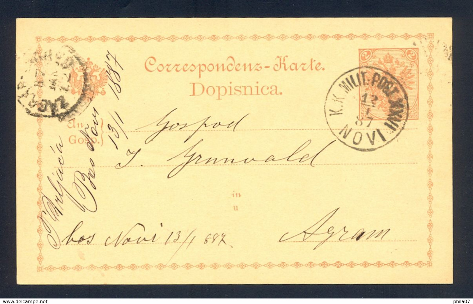 BOSNIA AND HERZEGOVINA - Stationery Cancelled With First Type K.K. Milit.Post XXVI NOVI. Statinery Sent From Novi To Agr - Bosnie-Herzegovine