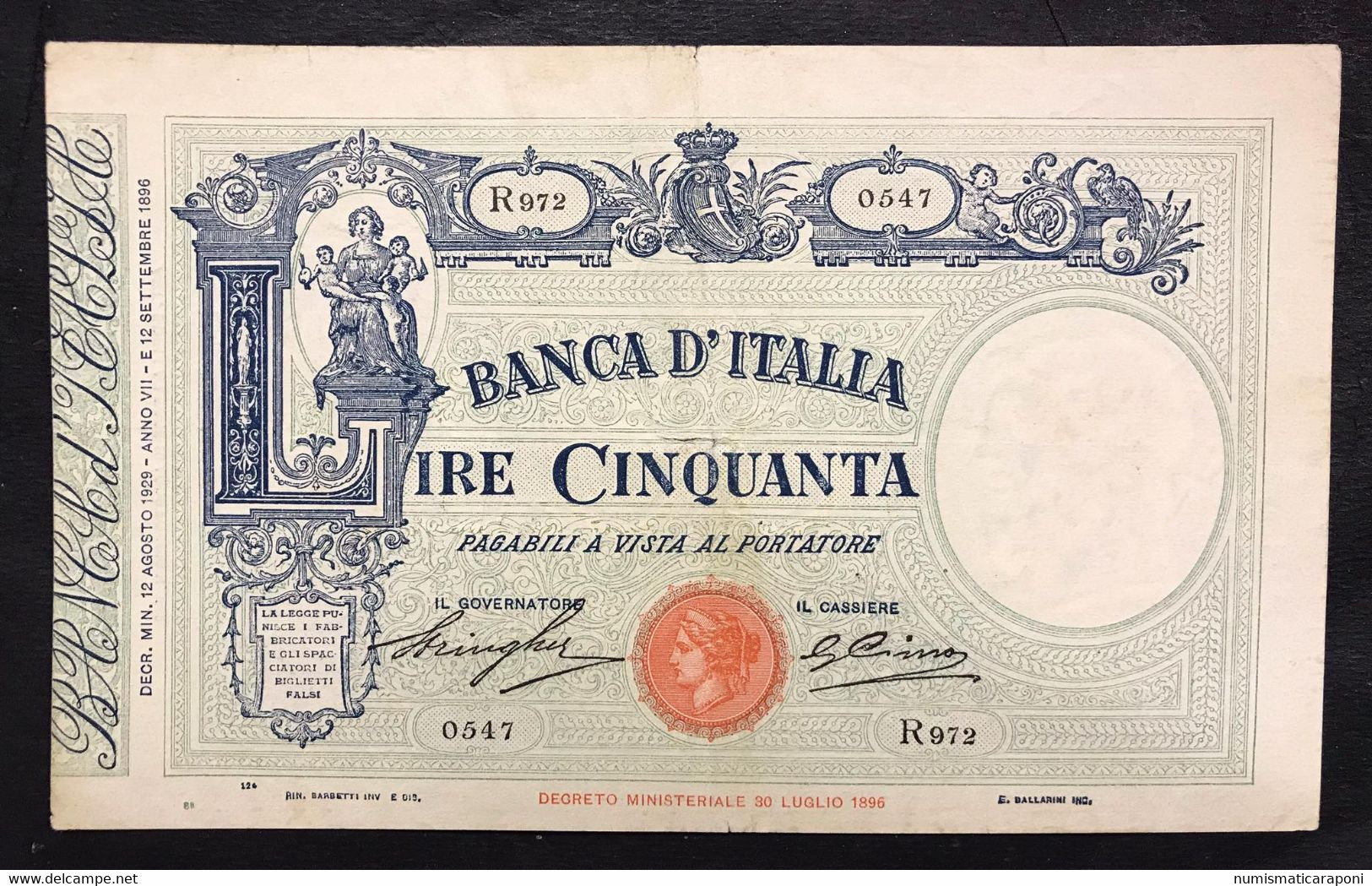 50 LIRE Barbetti Matrice Fascio 12 08 1929 Taglio Centrale E Piccoli Taglietti Marginali, Leggermente Pressato LOTTO 994 - 50 Liras