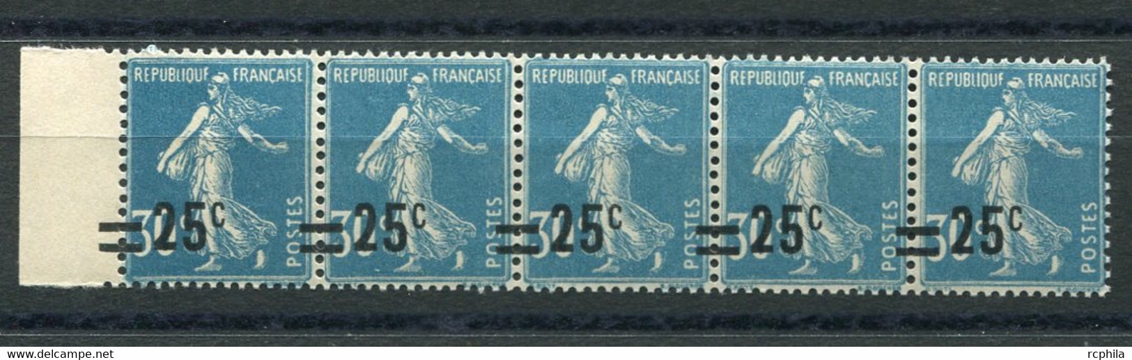 RC 20351 FRANCE N° 217 VARIÉTÉ SEMEUSE 25c  DECALAGE DE LA  SURCHARGESUR UNE BANDE DE 5 Ex NEUF ** MNH - 1906-38 Semeuse Camée