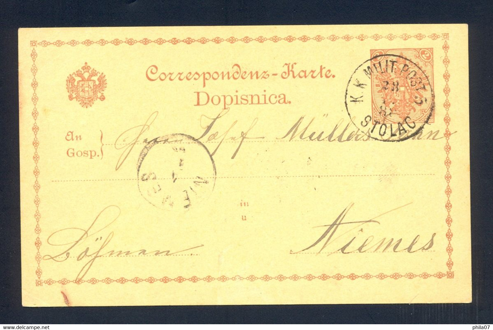 BOSNIA AND HERZEGOVINA - Stationery Cancelled With First Type K.K. Milit.Post STOLAC. Statinery Sent From Stolac To Niem - Bosnien-Herzegowina