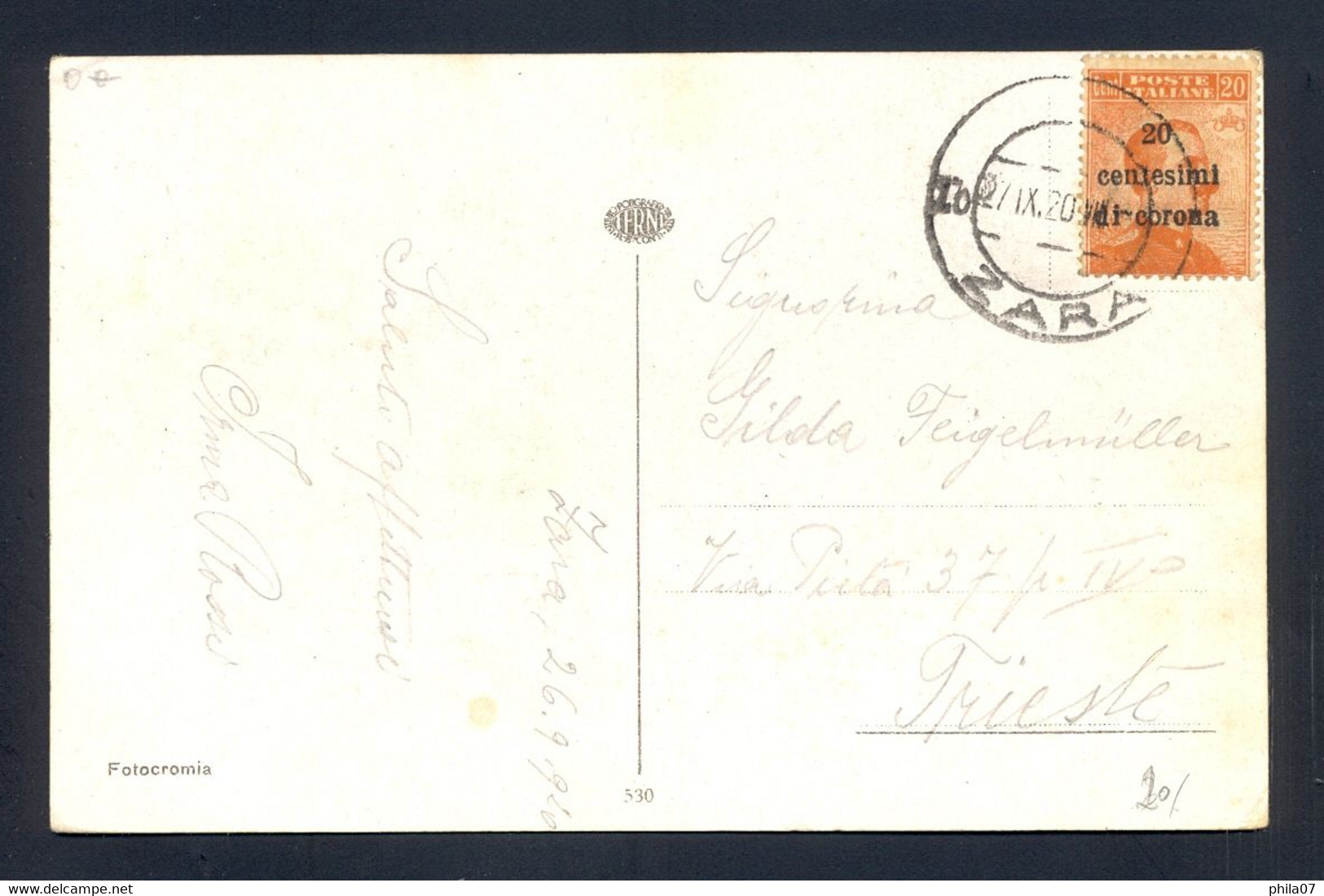 ITALY - Postcard Franked With Provisional Stamp For Dalmatia, Sent From Zara To Trieste 26.09. 1920. - Dalmatia