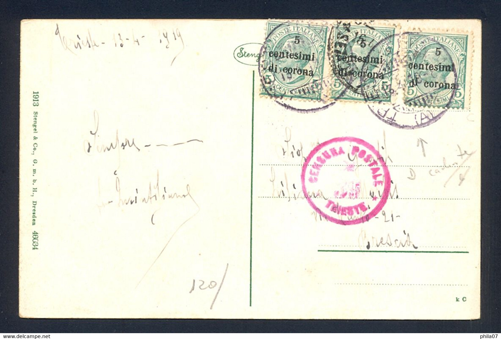 ITALY - Postcard Franked With Provisional Stamps For Dalmatia, Sent From Trieste To Brescia 13.04. 1919. Censorship Canc - Dalmatien