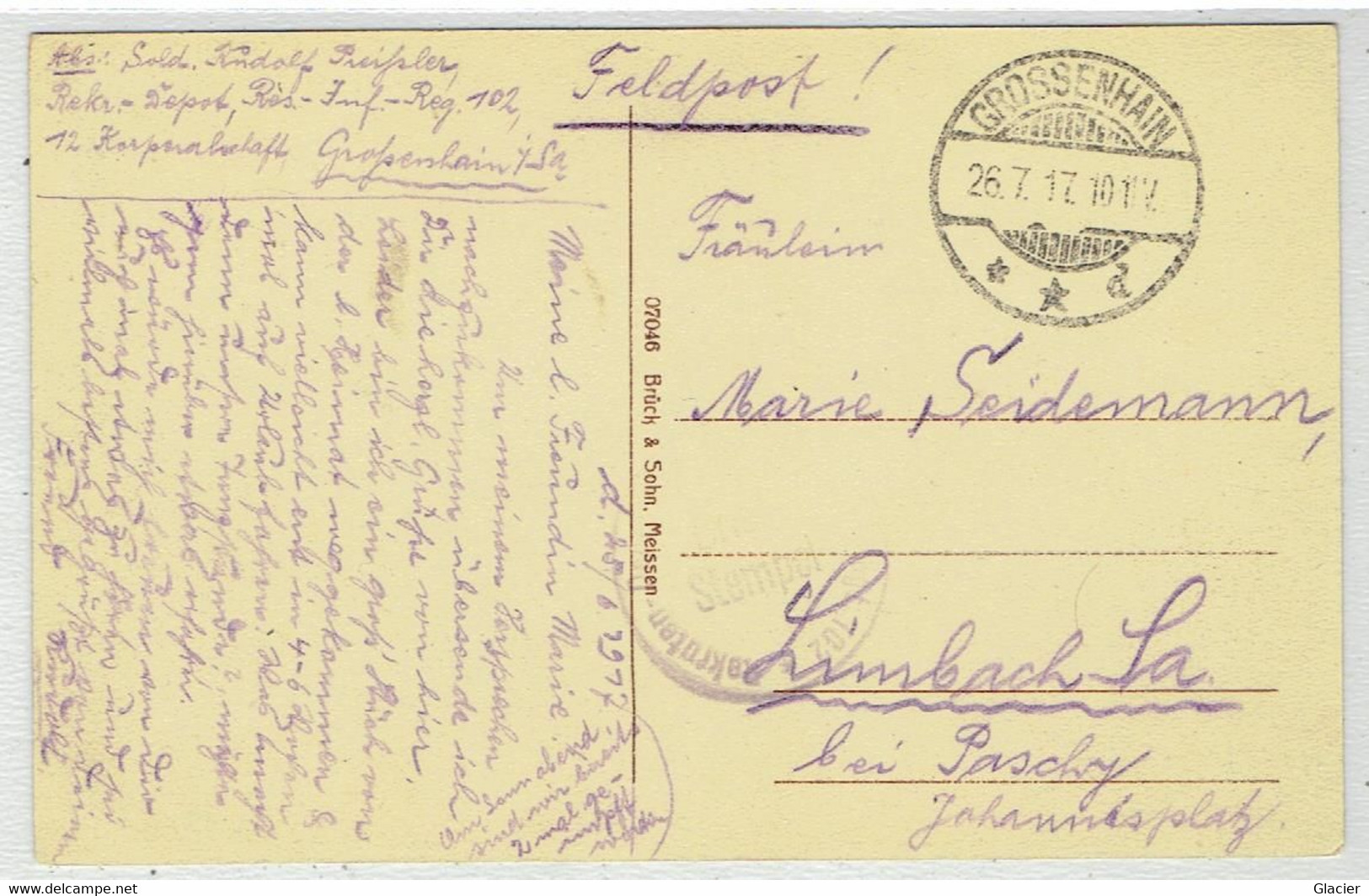 Großenhain - Sachsen - 	Meißen - Bahnhofstrasse - Feldpost 1917 - Grossenhain