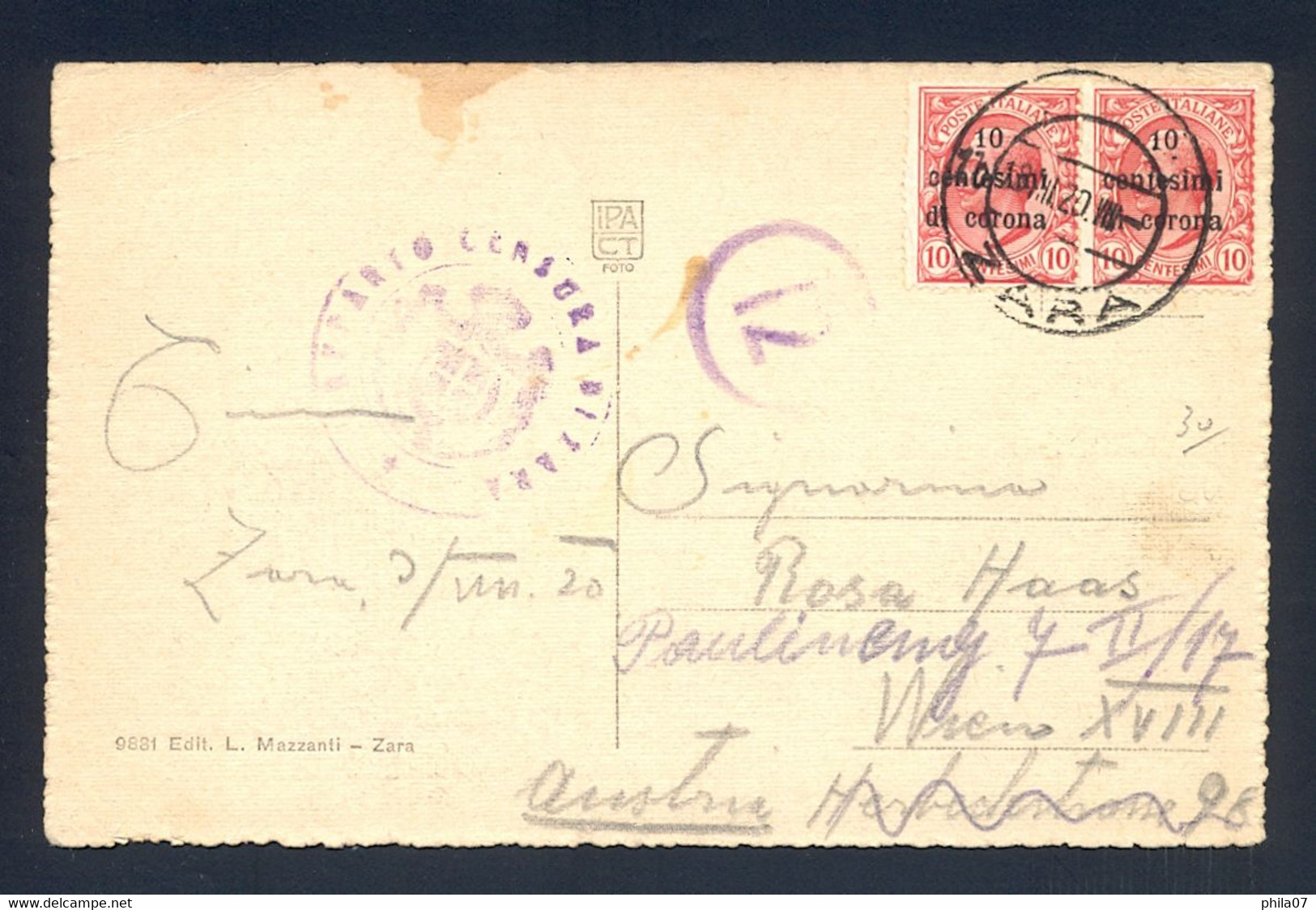 ITALY - Postcard Franked With Provisional Stamps For Dalmatia, Sent From Zara To Wien 1920. Postcard Censored. - Dalmazia