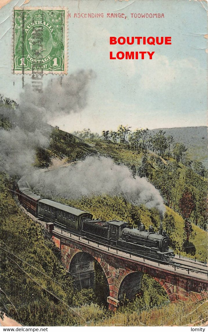 Australie Australia Toowoomba Locomotive à Vapeur Train Ascending Range Pont Chemin De Fer Cpa Carte Ancienne + Timbre - Towoomba / Darling Downs