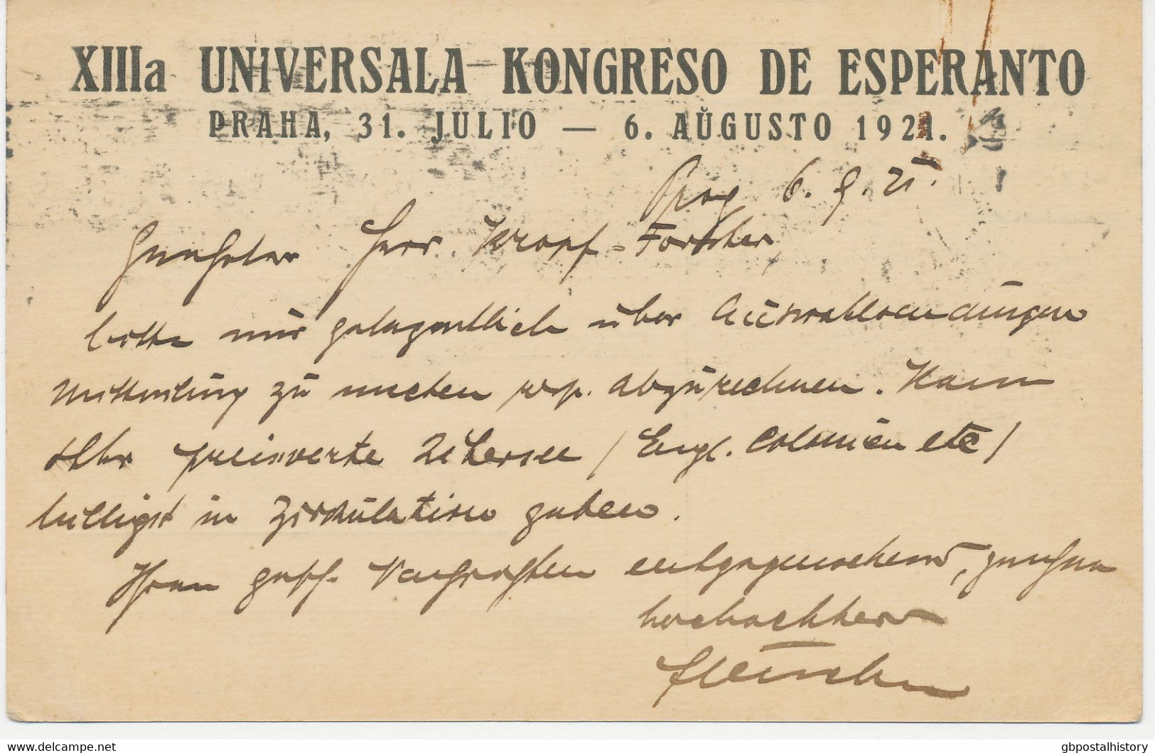 TSCHECHOSLOWAKEI "XIIIa UNIVERSALA KONGRESO DE ESPERANTO / PRAHA, 31. JULIO - 6. AUGUSTO 1921." - Esperánto