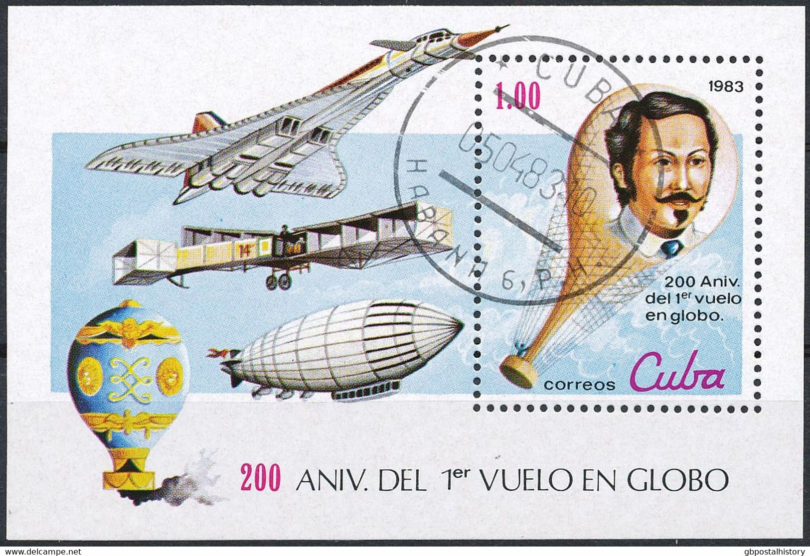 KUBA 1983, 30. März. 200 Jahre Luftfahrt, 1 (P) Mfg. (Jose Domingo Plino; Ballon) Block VFU - Hojas Y Bloques