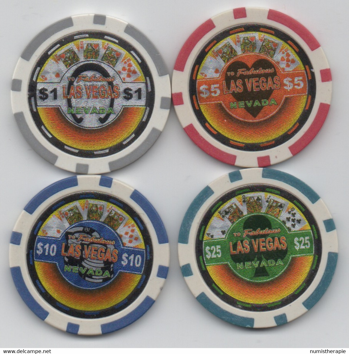 Lot De 4 Jetons De Fantaisie : Royal Straight Flush To Las Vegas Nevada $1 $5 $10 $25 - Casino