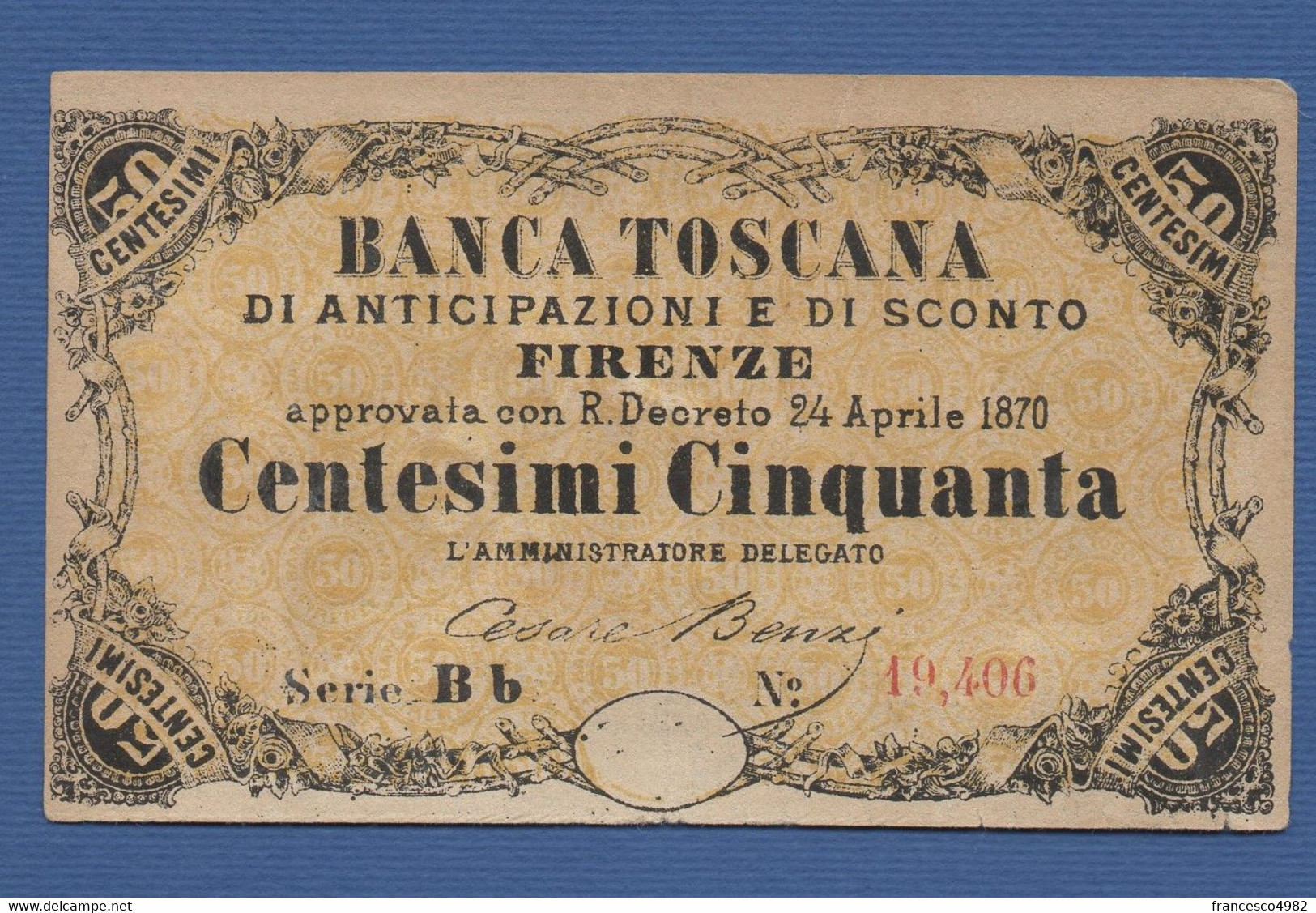 ITALY - BANCA TOSCANA Di Anticipazioni E Sconto - P. NL – 50 Centesimi Di Lire - R.D. 24/04/1870 -  CIRCOLATA - Ohne Zuordnung