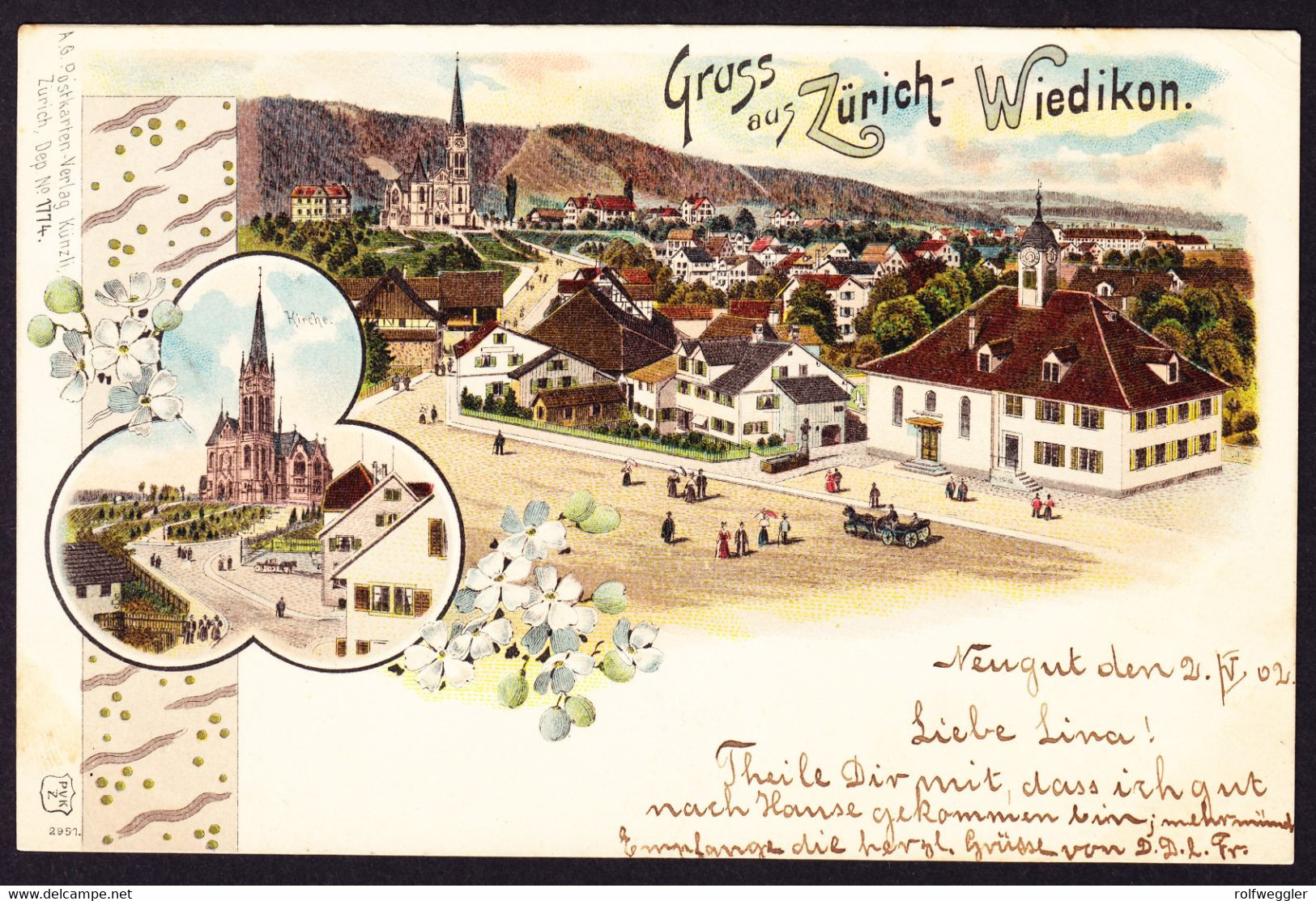 1902 Gelaufene Litho AK, Gruss Aus Zürich Wiedikon. Wallisellen Nach Dietlikon. - Wallisellen