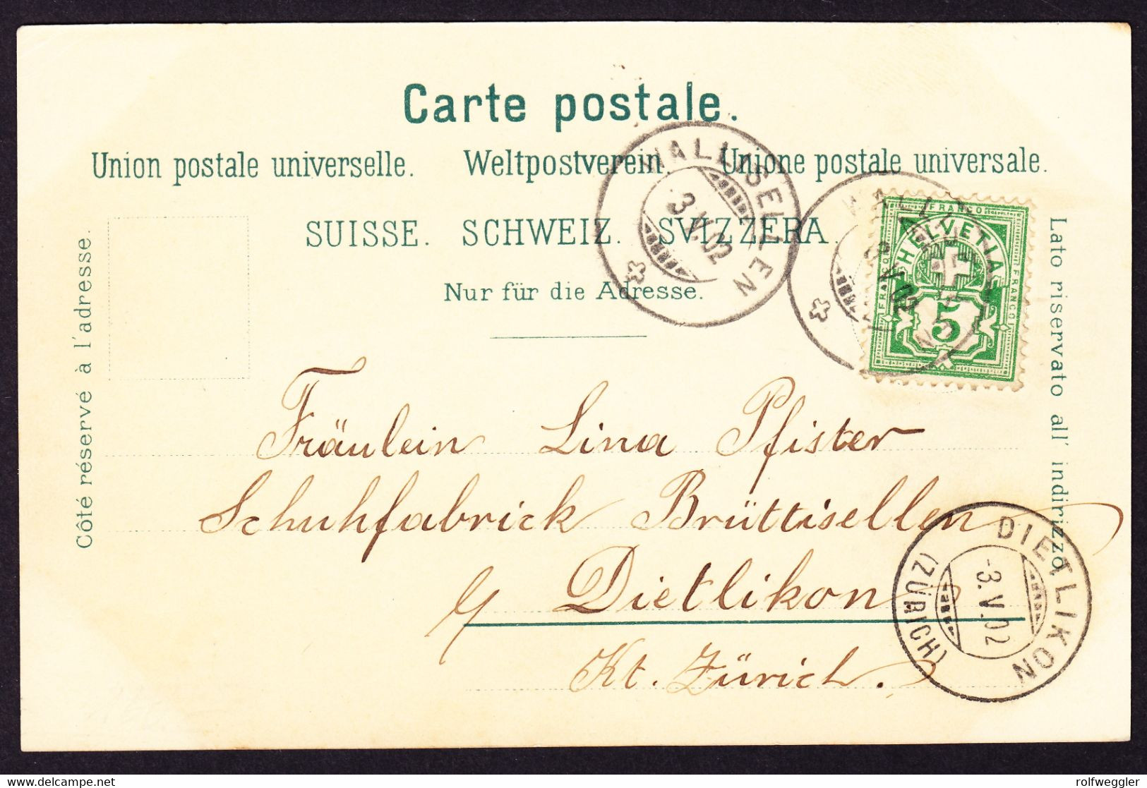 1902 Gelaufene Litho AK, Gruss Aus Zürich Wiedikon. Wallisellen Nach Dietlikon. - Wallisellen