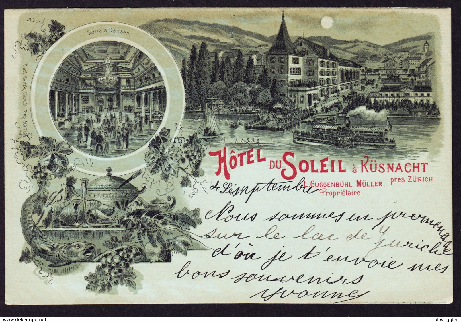 1900 Gelaufene Litho AK, Mondschein, Hotel Sonne In Küsnacht - Küsnacht