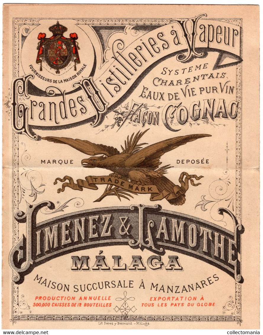Grandes Distilleries à Vapeur Système Charentais Jiminez & Lamothe OLD BRANDY MALAGA Manzanares Liho.Perez Y Berrocal - Advertising