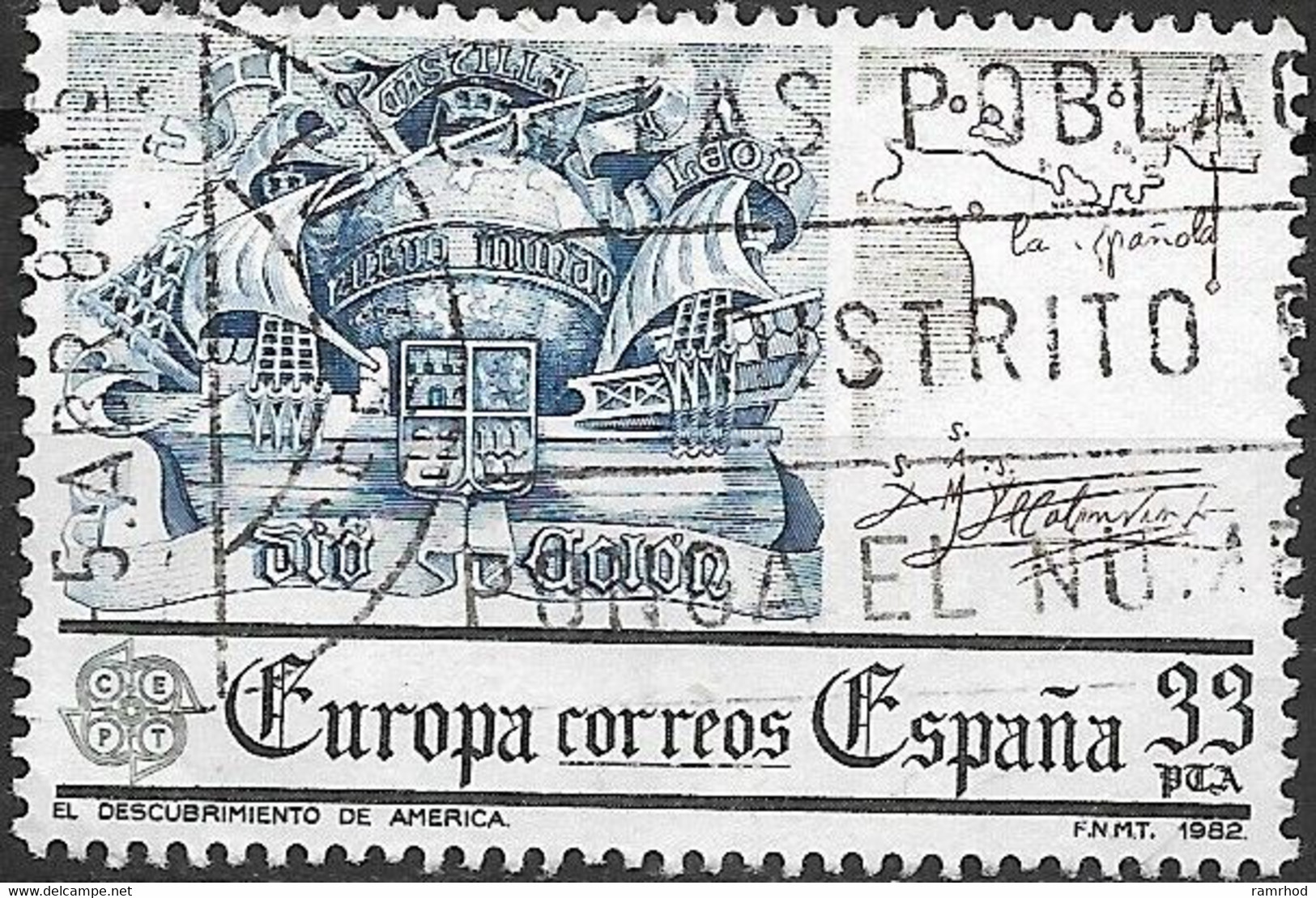 SPAIN 1982 Europa -  33p - Symbolic Ship, Columbus Map Of La Spanola And Signature (Discovery Of America) FU - Usados