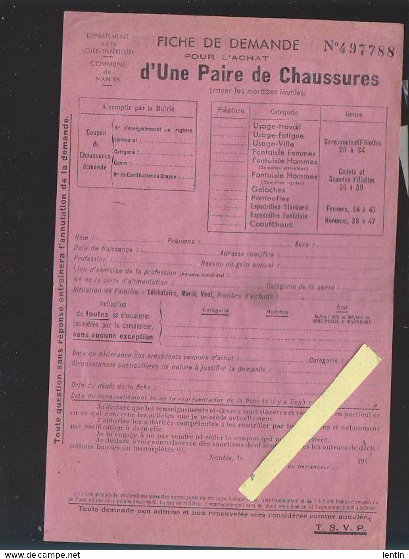 Nantes / Fiche Rationnement Chaussures / Pendant Guerre 39/45 - Non Classés