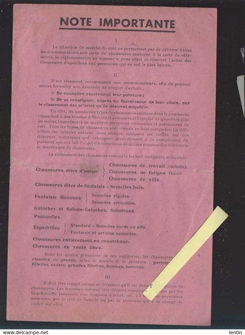 Nantes / Fiche Rationnement Chaussures / Pendant Guerre 39/45 - Ohne Zuordnung