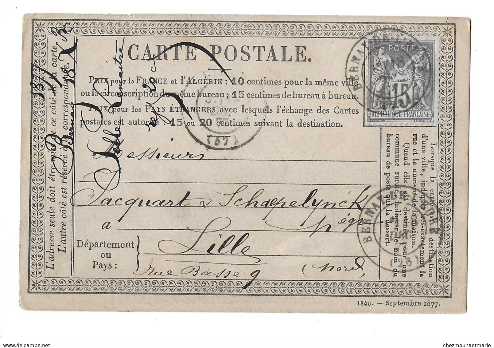 1877 BERNAY - SELLE LEMAITRE POUR JACQUART NEGOCIANT A LILLE - CARTE POSTALE AVEC TYPE SAGE - 1876-1898 Sage (Tipo II)