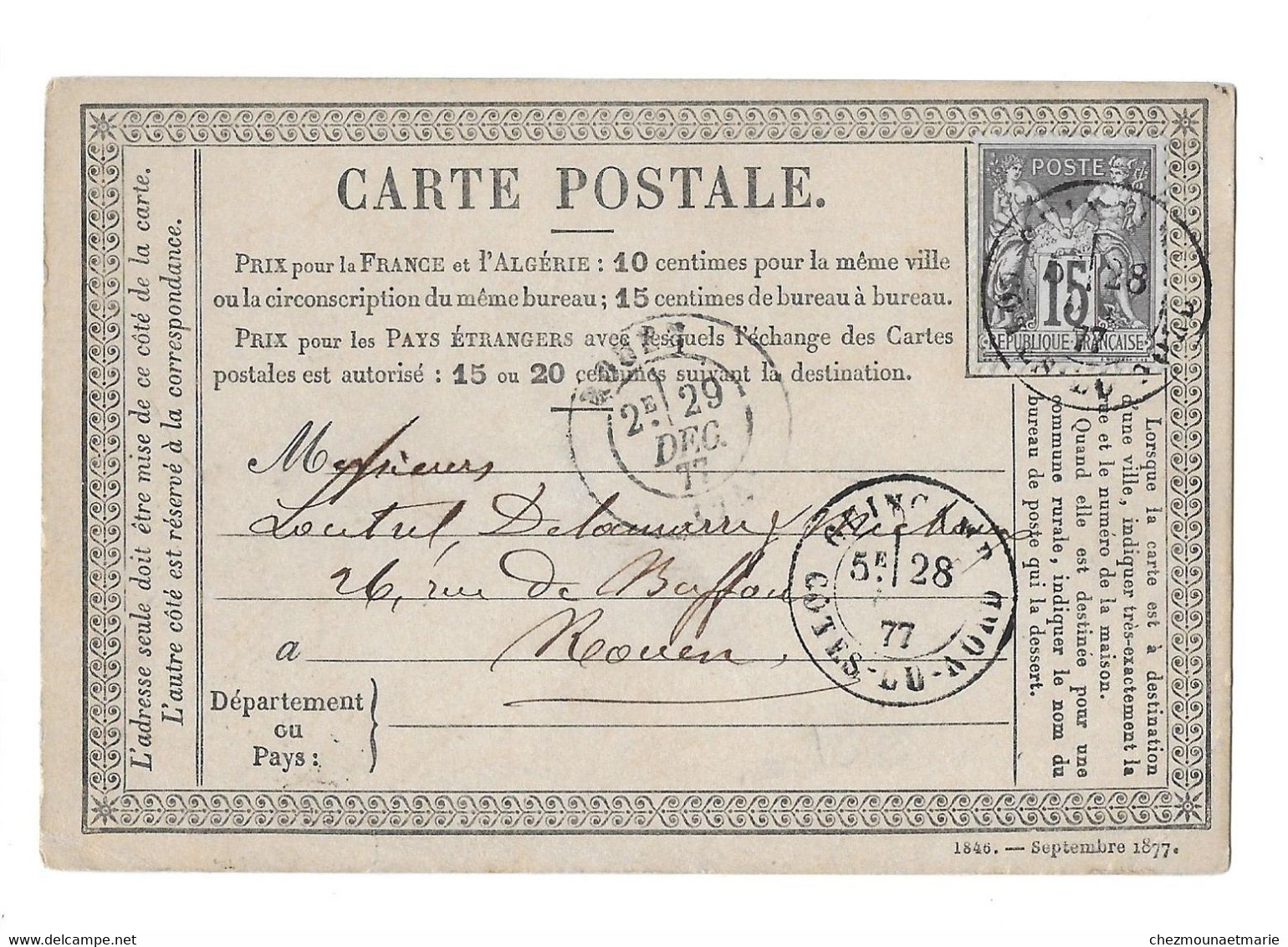 1877 GUINGAMP - POUR LOUTREL A ROUEN - CARTE POSTALE AVEC TYPE SAGE - 1876-1898 Sage (Type II)