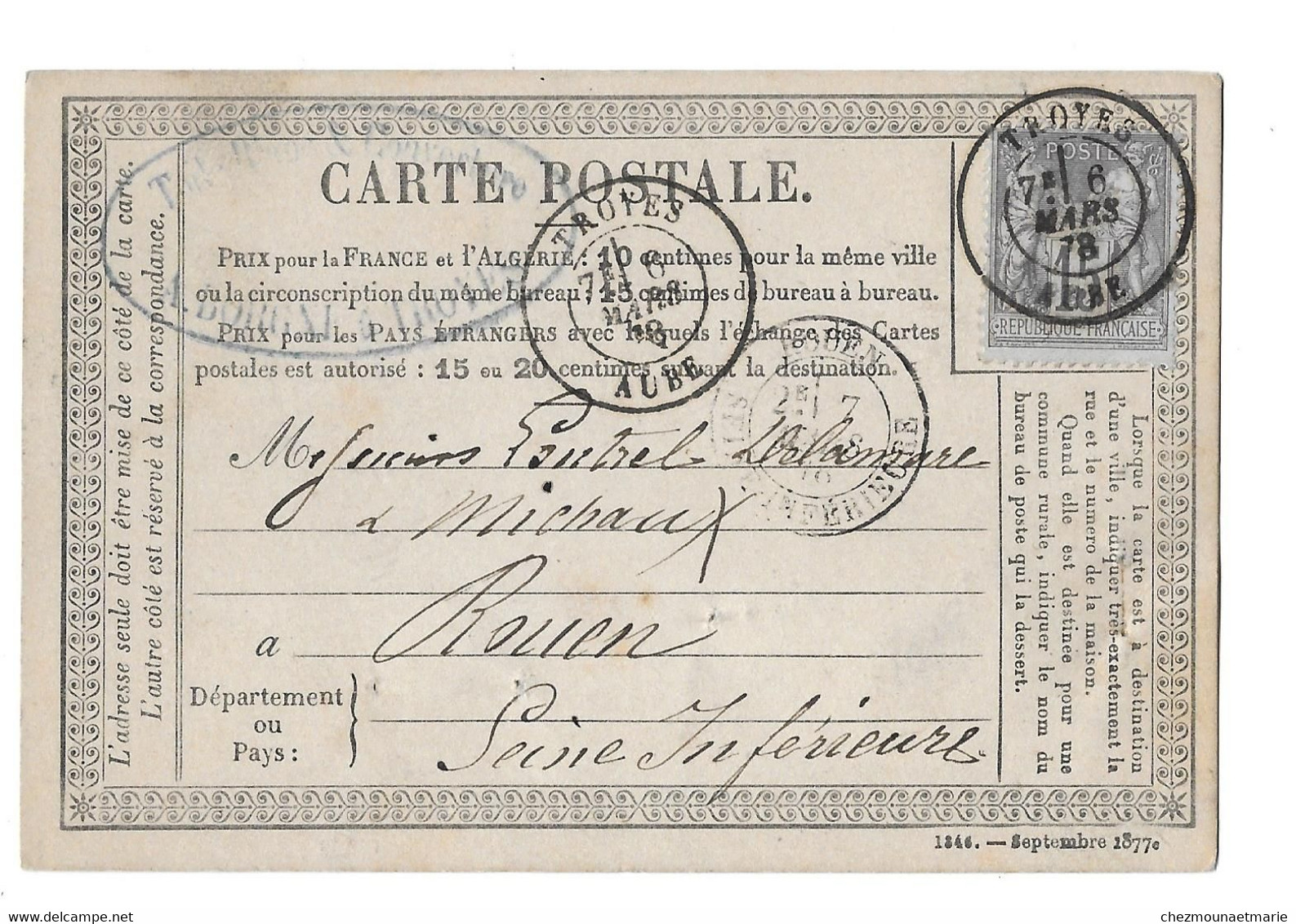 1878 TROYES - POUR LOUTREL A ROUEN - CARTE POSTALE AVEC TYPE SAGE - 1876-1898 Sage (Type II)