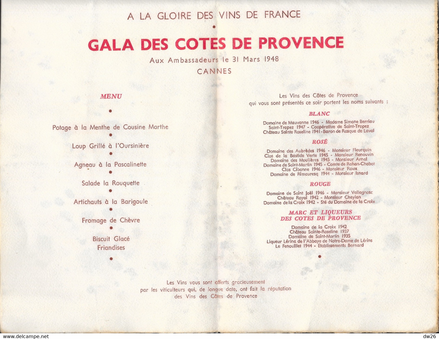 Menu: Gala Des Côtes De Provence à La Gloire Des Vins De France - 31 Mars 1948 Cannes, Casino Municipal - Menus