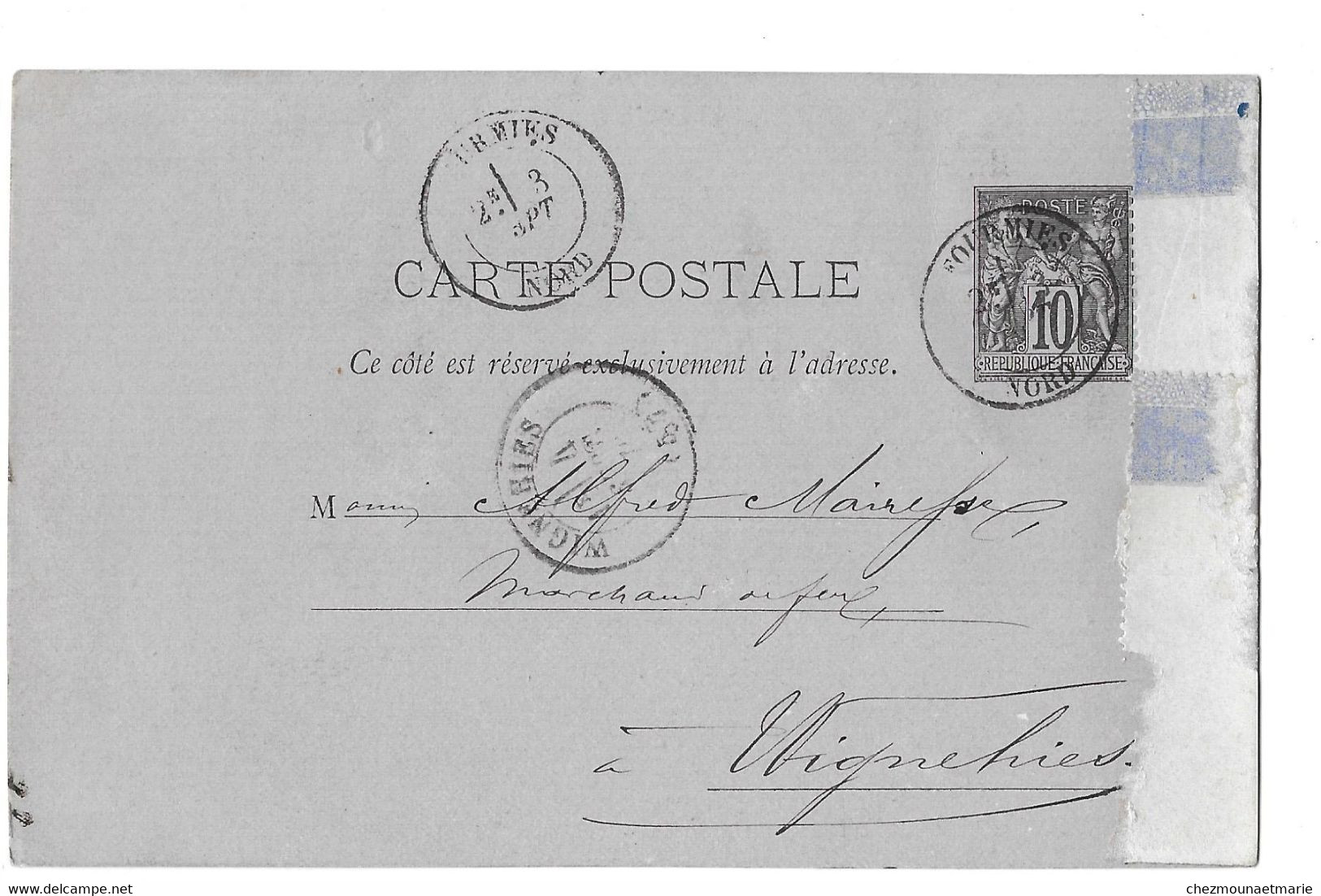 1879 FOURMIES - QUINCAILLERIE BALLEUX POUR MAIRESSE A WIGNEHIES (NORD) - CP ENTIER AVEC TYPE SAGE - 1876-1898 Sage (Type II)