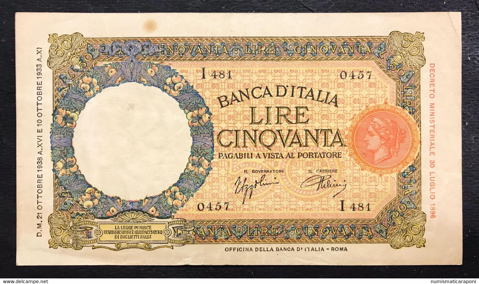 50 LIRE LUPA CAPITOLINA FASCIO ROMA 21 10 1938 BEL BIGLIETTO Naturale Pieghe E Macchia Bb+ LOTTO 1228 - 50 Lire