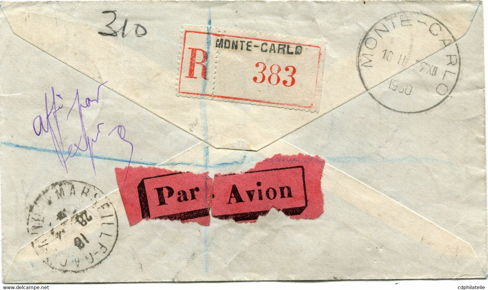 MONACO LETTRE RECOMMANDEE PAR AVION DEPART MONTE-CARLO 27 XII 1930 POUR LA GRANDE-BRETAGNE - Brieven En Documenten