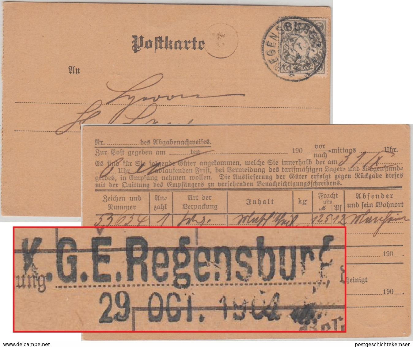 Bayern - K.G.E. Regensburg 29. OCT 1904 L2 Ortskarte/Frachtgutbenachrichtigung - Otros & Sin Clasificación