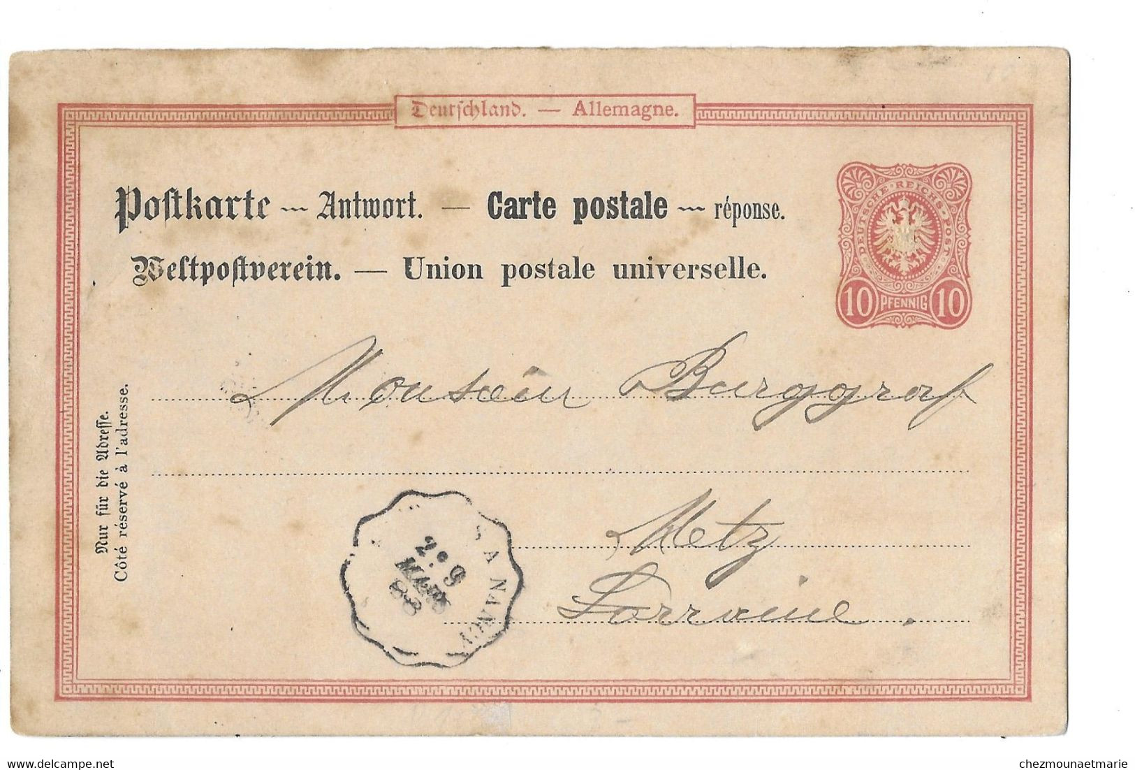 1888 ALLEMAGNE EMPIRE - POUR BURGGRAF A METZ SUR PAULIN JULES DE JOEUF EMPLOYE AUX FORGES - CARTE POSTALE ENTIER - Sonstige & Ohne Zuordnung