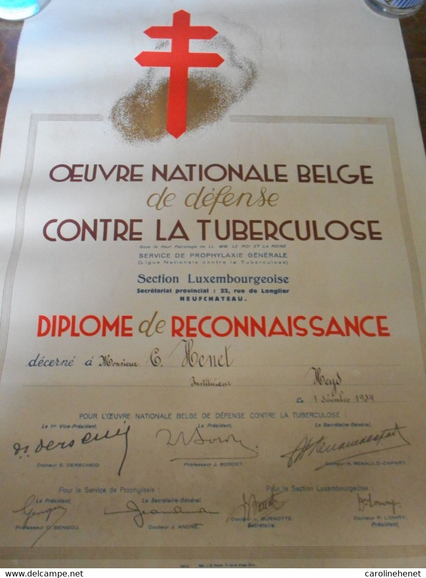 Diplôme Tuberculose Luxembourg 1934 - Diploma's En Schoolrapporten