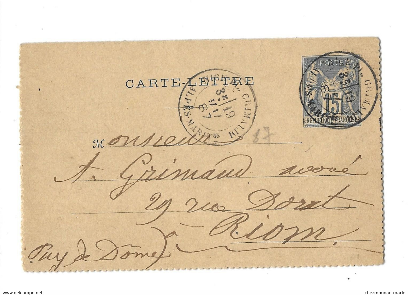 1887 NICE VILLA GABRIELLE 107 PROMENADE DES ANGLAIS - POUR GRIMAUD A RIOM - CARTE LETTRE ENTIER SAGE - Cartoline-lettere